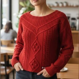 Moda International Red Wool Blend Scoop neck Cable Knit Sweater Sz M